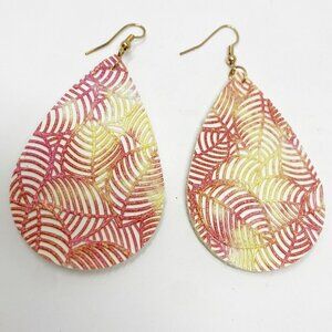 Red & Yellow Leaf Texture Leather Teardrop Earrings